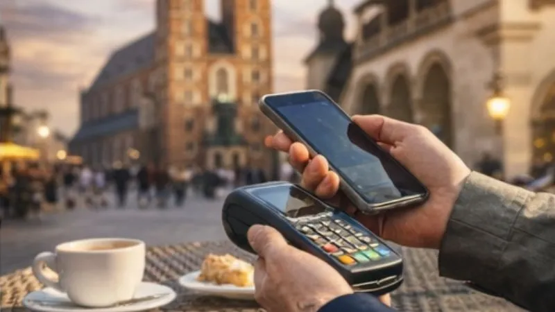 クラクフ中央市場広場のカフェでスマホ決済をする旅行者｜ポーランド旅行で安全に支払う方法